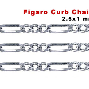 Sterling Silver Figaro Curb Flat Chain, 2.5x1 mm, ( SS-154)