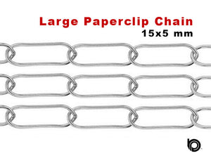 Sterling Silver Large Paperclip Chain, 15x5 mm Links, (SS-158)