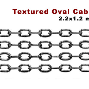 Sterling Silver Oxidized Rectangular Textured Pattern Cable Chain, 2.2x1.2 mm, (SS-170)