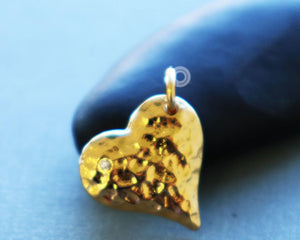 24k Gold Vermeil Over Sterling Silver Hammered Heart Charm w/0.2 Diamonds -- VM/CH8/CR32 - Beadspoint