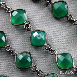 Green Onyx Faceted Cushion Bezel Chain, (BC-GNX-77) - Beadspoint