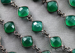 Green Onyx Faceted Cushion Bezel Chain, (BC-GNX-77) - Beadspoint