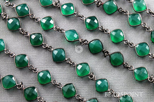 Green Onyx Faceted Cushion Bezel Chain, (BC-GNX-77) - Beadspoint