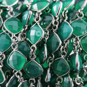 Green Onyx Faceted Cushion Bezel Chain, (BC-GNX-77) - Beadspoint