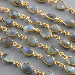 Labradorite Puff Pear Faceted Bezel Chain, (BC-LAB-173) - Beadspoint