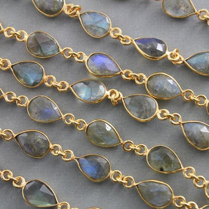 Labradorite Puff Pear Faceted Bezel Chain, (BC-LAB-173) - Beadspoint