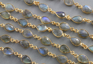 Labradorite Puff Pear Faceted Bezel Chain, (BC-LAB-173) - Beadspoint