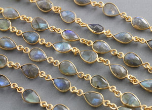 Labradorite Puff Pear Faceted Bezel Chain, (BC-LAB-173) - Beadspoint