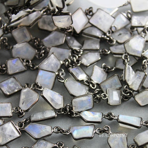 Rainbow Moonstone Faceted Fancy Cut Bezel Chain, (BC-RNB-153) - Beadspoint