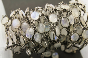 Rainbow Moonstone Faceted Oval and Coin Bezel Chain, (BC-RNB-155) - Beadspoint