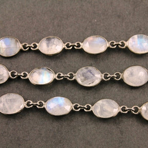 Rainbow Moonstone Faceted Oval and Coin Bezel Chain, (BC-RNB-155) - Beadspoint