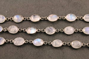 Rainbow Moonstone Faceted Oval and Coin Bezel Chain, (BC-RNB-155) - Beadspoint