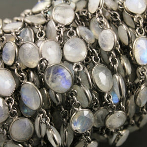 Rainbow Moonstone Faceted Oval and Coin Bezel Chain, (BC-RNB-155) - Beadspoint