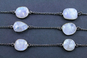 Rainbow Moonstone Faceted Oval Connector Bezel Chain, (BC-RNB-159) - Beadspoint