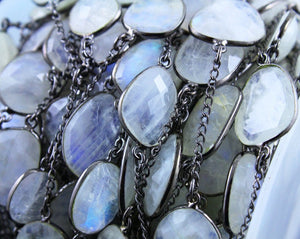 Rainbow Moonstone Faceted Oval Connector Bezel Chain, (BC-RNB-159) - Beadspoint