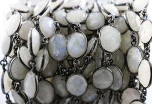 Rainbow Moonstone Faceted  Oval Bezel Chain, (BC-RNB-160) - Beadspoint