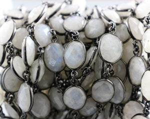 Rainbow Moonstone Faceted  Oval Bezel Chain, (BC-RNB-160) - Beadspoint