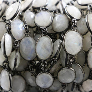 Rainbow Moonstone Faceted  Oval Bezel Chain, (BC-RNB-160) - Beadspoint