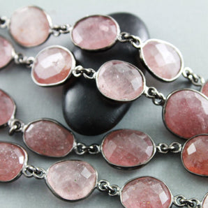 Strawberry Quartz Faceted Oval Bezel Chain, (BC-SQZ-59) - Beadspoint