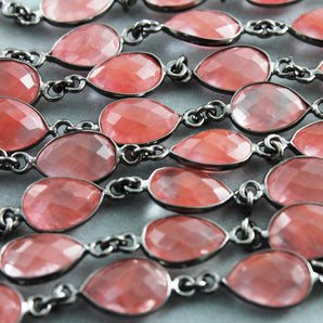 Strawberry Quartz Faceted Pear Shape Bezel Chain, (BC-SQZ-62) - Beadspoint