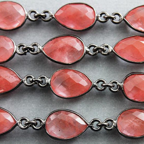 Strawberry Quartz Faceted Pear Shape Bezel Chain, (BC-SQZ-62) - Beadspoint