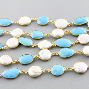 Turquoise and Pearl  Bezel Chain, (BC-TRP-89) - Beadspoint