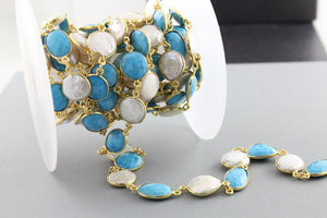 Turquoise and Pearl  Bezel Chain, (BC-TRP-89) - Beadspoint