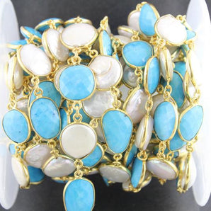 Turquoise and Pearl  Bezel Chain, (BC-TRP-89) - Beadspoint