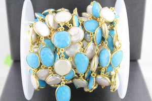 Turquoise and Pearl  Bezel Chain, (BC-TRP-89) - Beadspoint