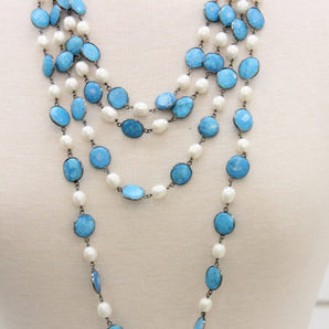 Turquoise and Pearl Faceted Bezel Chain, (BC-TRP-90) - Beadspoint