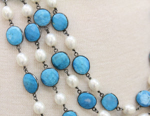 Turquoise and Pearl Faceted Bezel Chain, (BC-TRP-90) - Beadspoint