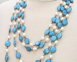 Turquoise and Pearl Faceted Bezel Chain, (BC-TRP-90) - Beadspoint