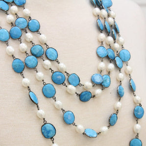 Turquoise and Pearl Faceted Bezel Chain, (BC-TRP-90) - Beadspoint