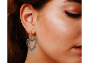 Pave Diamond Heart w/ Baguettes Dangle Earrings, (DER-017)