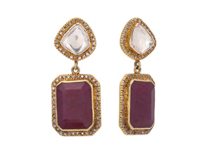 Pave Rosecut Polki Diamond & Ruby Drop Earrings, (DER-023)