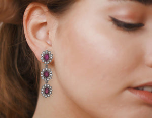 Pave Diamond Ruby Flower Dangle Earrings, (DER-034)