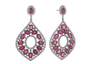 Pave Diamond Moroccon Inspired Ruby Pear Drop Dangle Earrings, (DER-050)