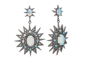 Pave Diamond & Opal Starburst Dangle Earrings, (DER-053)