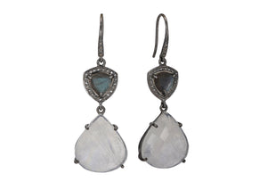 Pave Diamond Rainbow Moonstone & Labradorite Heart Dangle Earrings, (DER-057)