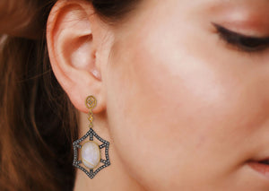 Pave Diamond Geo Moonstone Dangle Earrings, (DER-062)