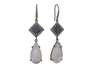 Pave Diamond Rainbow Moonstone Drop Dangle Earrings, (DER-063)