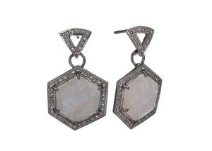 Pave Diamond Geo Moonstone Drop Dangle Earrings, (DER-065)