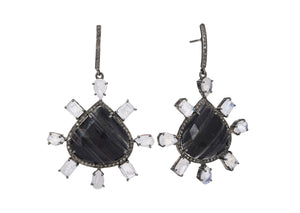 Pave Diamond Black Onyx and Moonstone Drop Earrings, (DER-067)