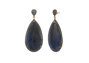 Pave Diamond Blue Blue Saphire Pear Drop Earrings, (DER-074)