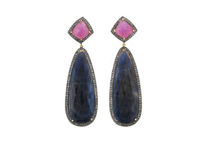 Pave Diamond Ruby and Long Saphire Tear Drop Earrings, (DER-077)