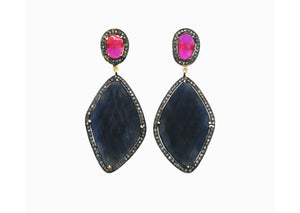 Pave Diamond Ruby and Saphire Dangle Earrings, (DER-078)