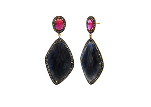 Pave Diamond Ruby and Saphire Dangle Earrings, (DER-078)