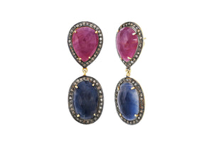 Pave Diamond Ruby and Oval Saphire Drop Earrings, (DER-081)