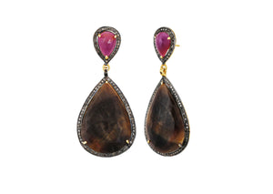 Pave Diamond Ruby Saphire long Pear Drop Earrings, (DER-088)