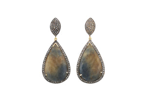Pave Diamond Saphire long Pear Earrings, (DER-089)